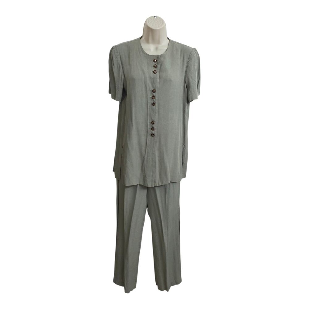 R&M Richards 2 Piece Pant Set Sage Green Button Front Top Casual Chic 8P Soft - Picture 1 of 10
